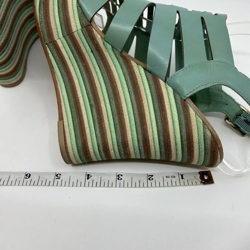 Anna Luz Leather Open Toe Wedge Women's Size 7 Teal Blue Green Sandals Brazil